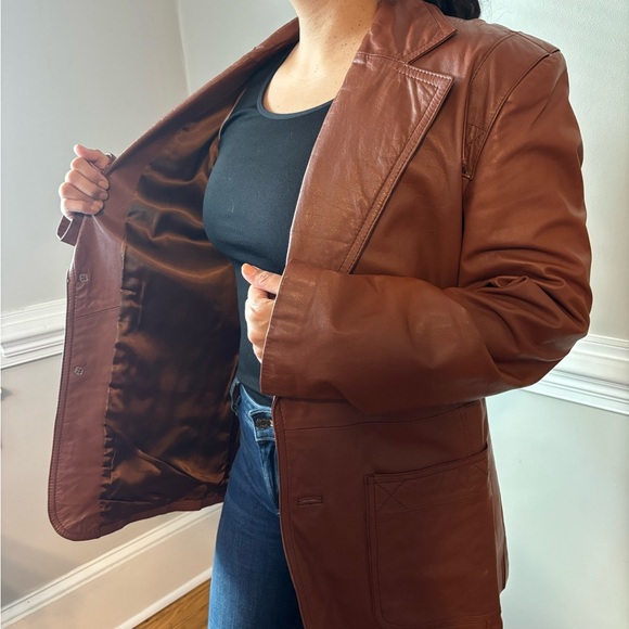 80s Western Vintage Preppy Brown Leather Streetwear Boho Jacket - Size Large - Picture 3 of 14